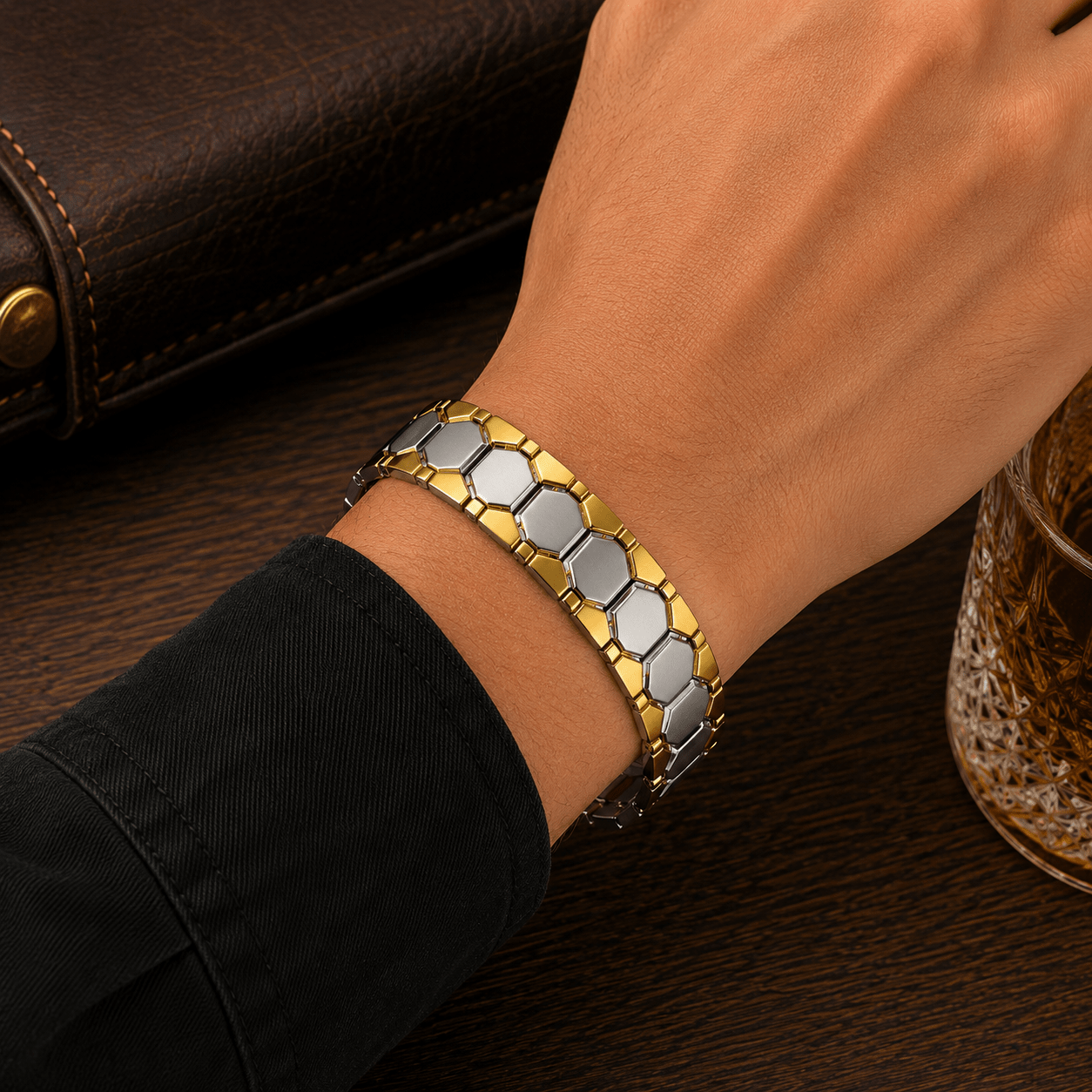 2pcs Elegant Two-Tone Magnetic Bracelet Set with Pink Zirconia
